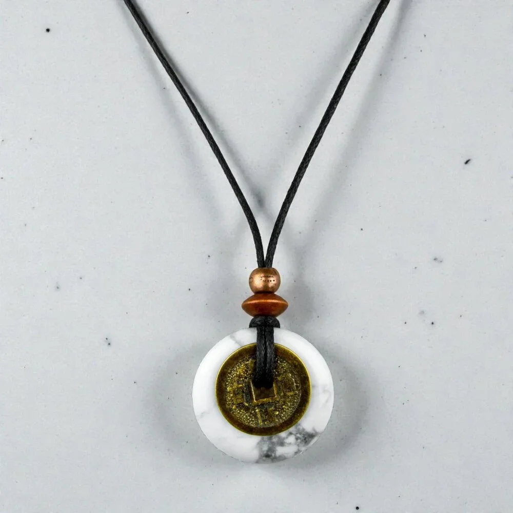 White Howlite & Chinese Lucky Coin Pendant Necklace | Handmade - Picture 3 of 5